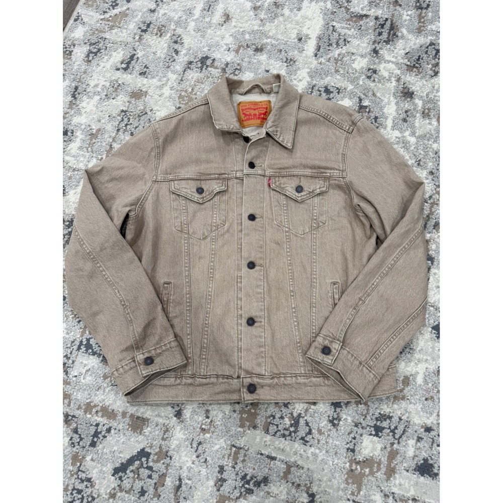 Levis Mens Tan Khaki Denim Trucker Jacket Large Button Front Classic